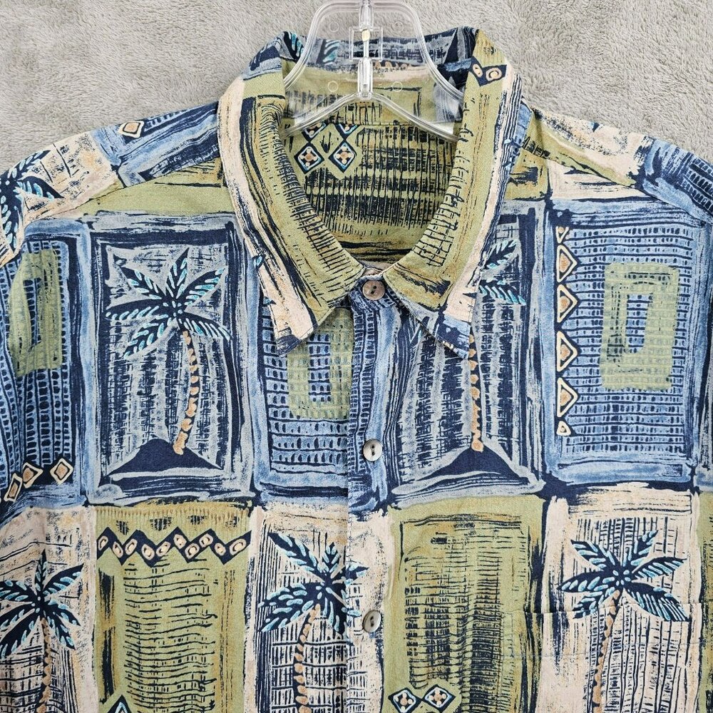 Tori Richard Button Front Hawaiian Shirt L Blue Green USA Made Tropical Cotton